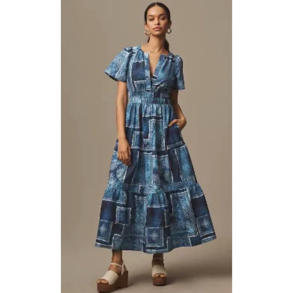 Anthropologie Maxi Dress Somerset Blue Floral Cotton Preppy Vacay Boho XS NWT
